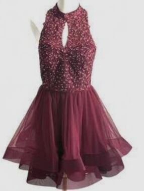 Jodi Kristopher 7 Burgundy Beaded Halter Tulle Jeweled Formal Open Back Dress